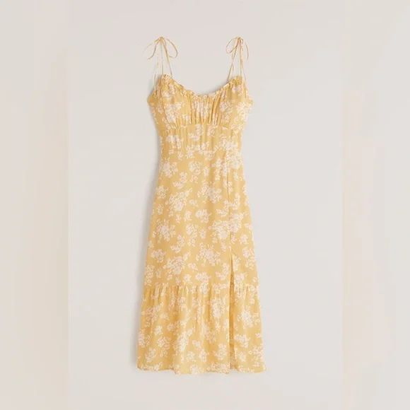 NWT Abercrombie & Fitch Tie-Strap Ruched Midi Dress - Yellow - S - Picture 3 of 8